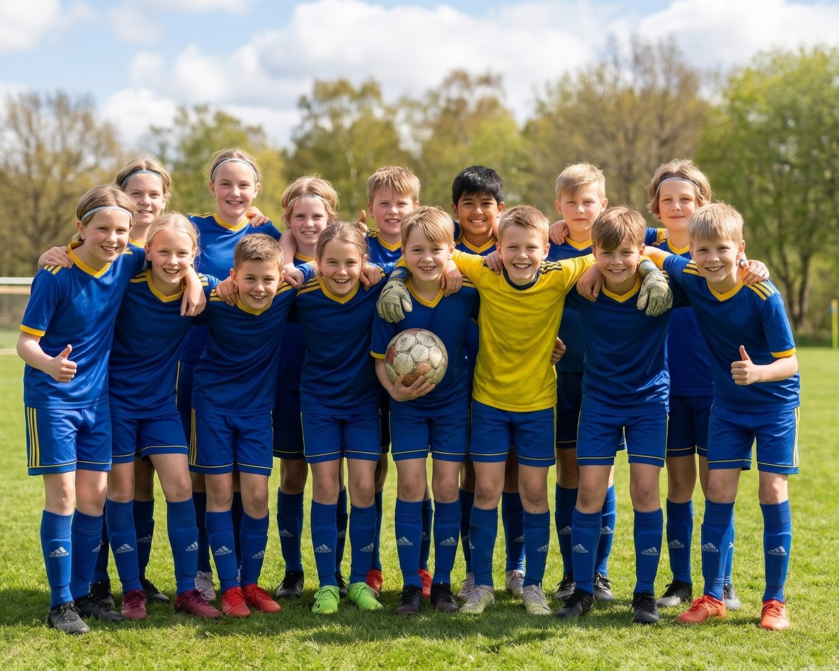 Glatt ungdomsfotbollslag i blå och gula matchställ samlat på en grön plan, en spelare håller en fotboll